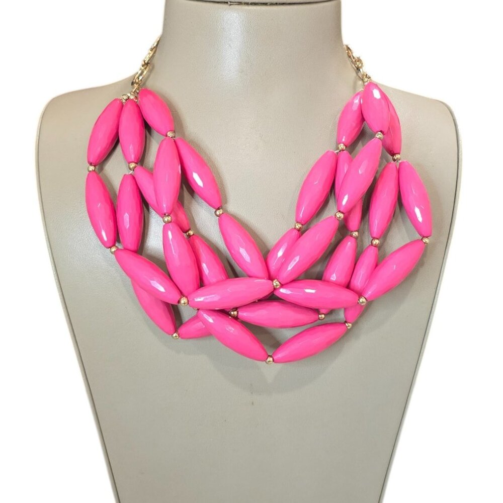 Amrita Singh Multistrand Hot Pink Cylinder Bead Gold Tone Statement Necklace New